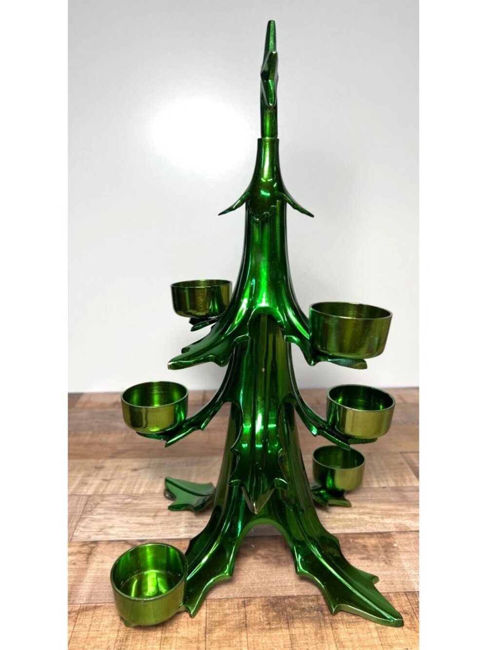 Metallic Green Christmas Tree Tealight Holder With Star Holds 6 Candles Heavy